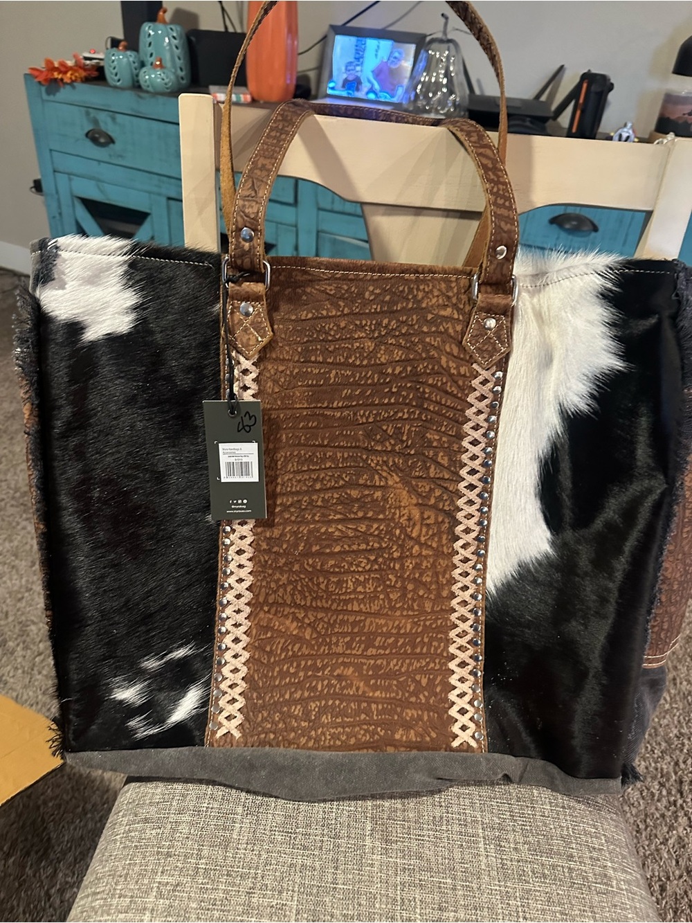 Myra Bag Brown and White Cowhide Leather Tote - Picture 2 of 4